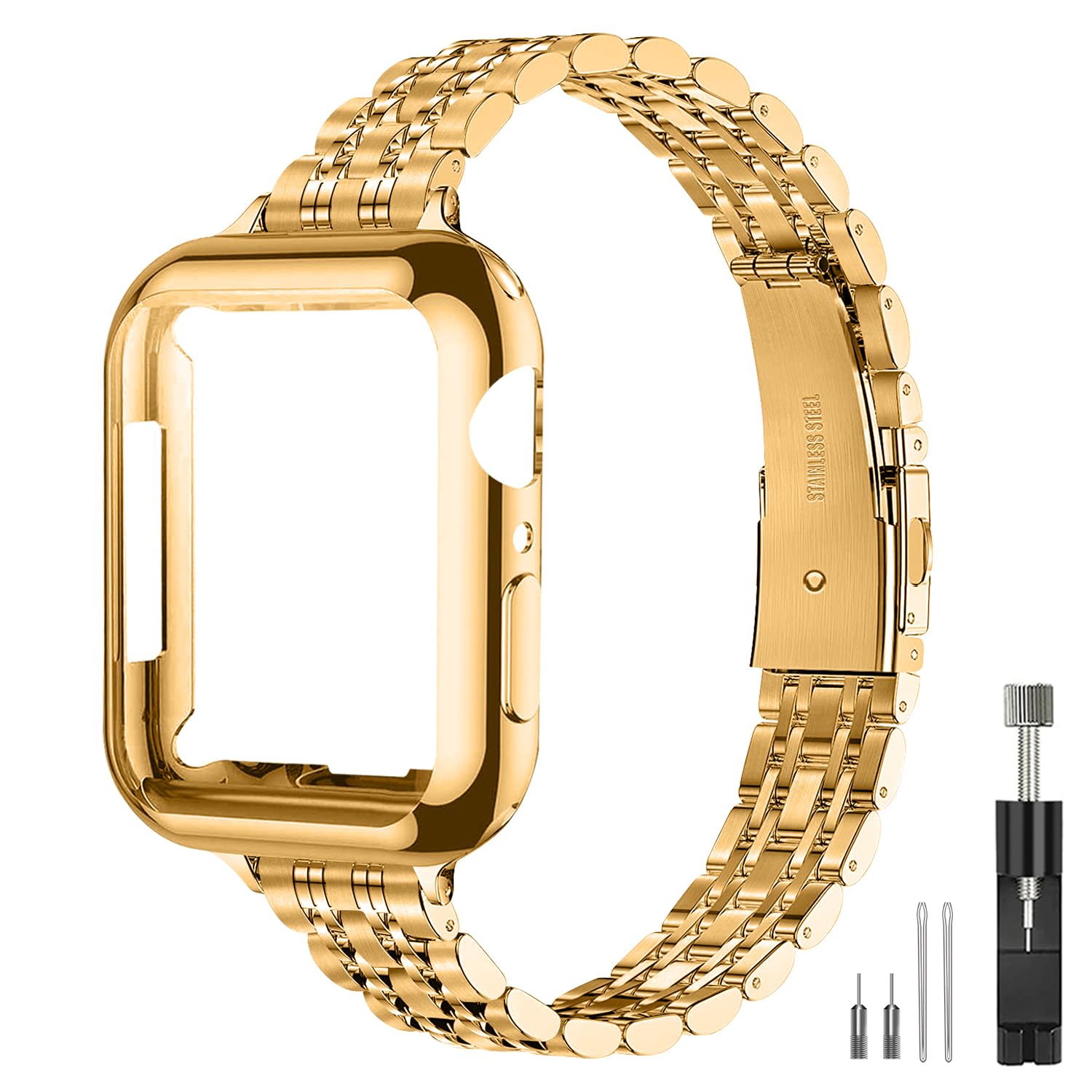 Photo 1 of QUNDAXI Slim Watch Band Compatible with Apple Watch 42mm 46mm Metal Stainless Steel Watchband Suitable for iWatch series 10 Women Luxury Strap (Gold, Series 10 42mm)