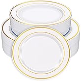 Zcaukya 100PCS Gold Plastic Plates, Disposable Plastic Dishes with Gold Rim in Bulk, 50 Pcs Each 10.25 Inch and 7.5 Inch for Dinner, Birthday and Wedding