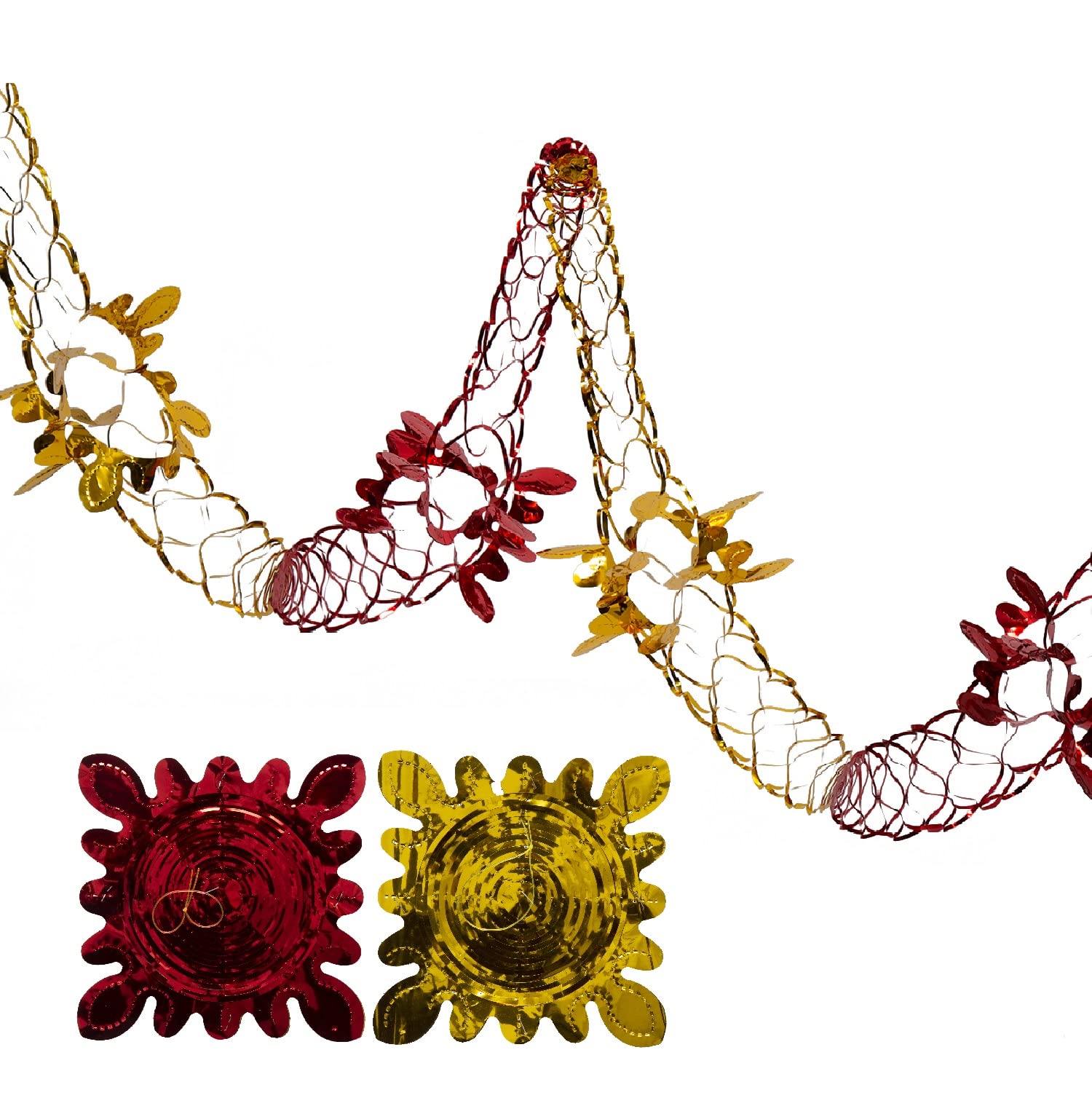 Simply Products 2 Pk Foil Garland Flower - Christmas Hanging Decoration Wall Ceiling Xmas Deco (Gold & Red)