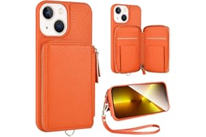 ZVE for iPhone 13 Wallet Case with RFID Blocking Credit Cards Holder, Zipper Leather Case with Wrist Strap, Handbag Case Protective Cover for Women for iPhone 13 6.1" (2021)- Orange