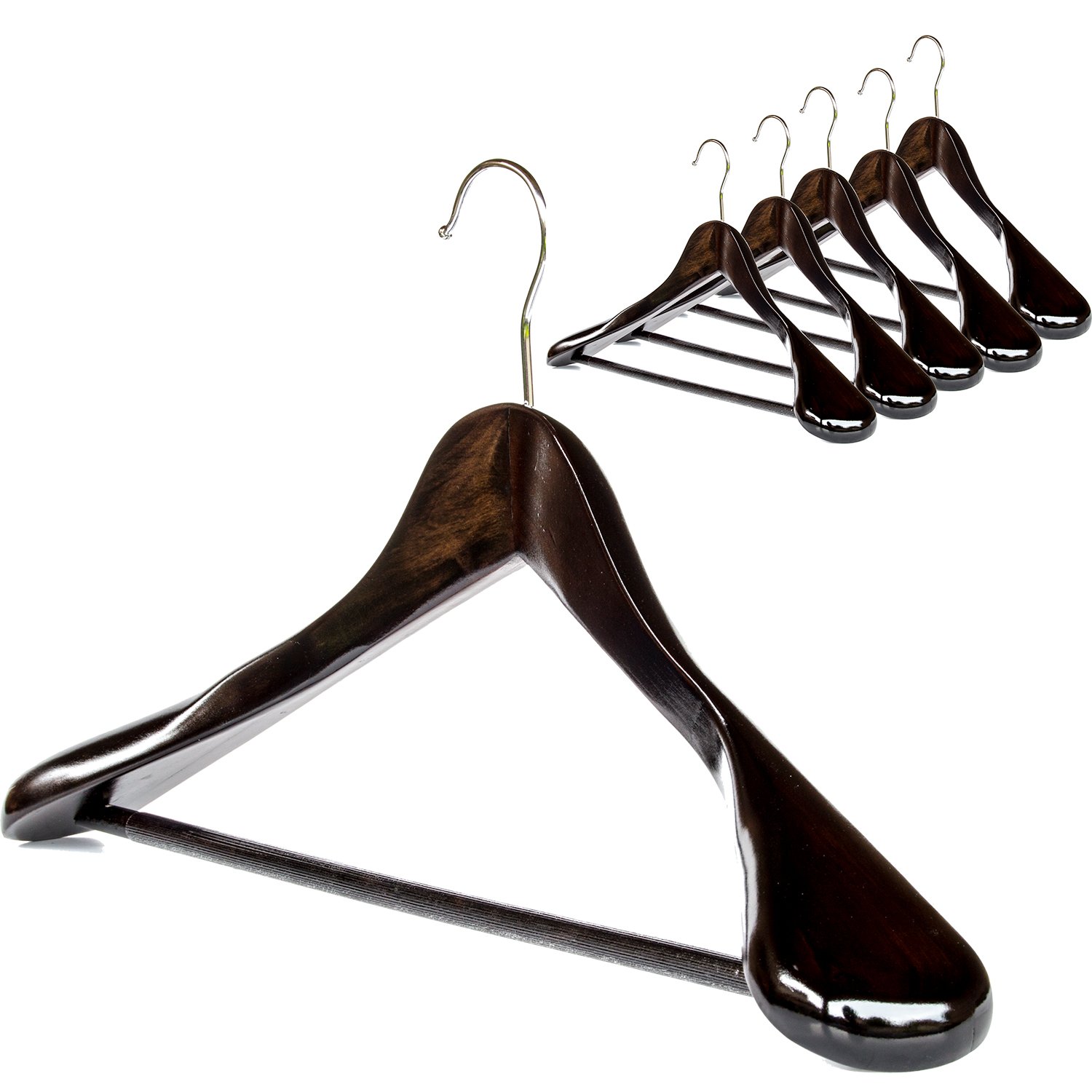 Clutter Mate Set of 6 Premium Finished Wooden Suit Hangers, Dark Walnut Solid Wood Hangers