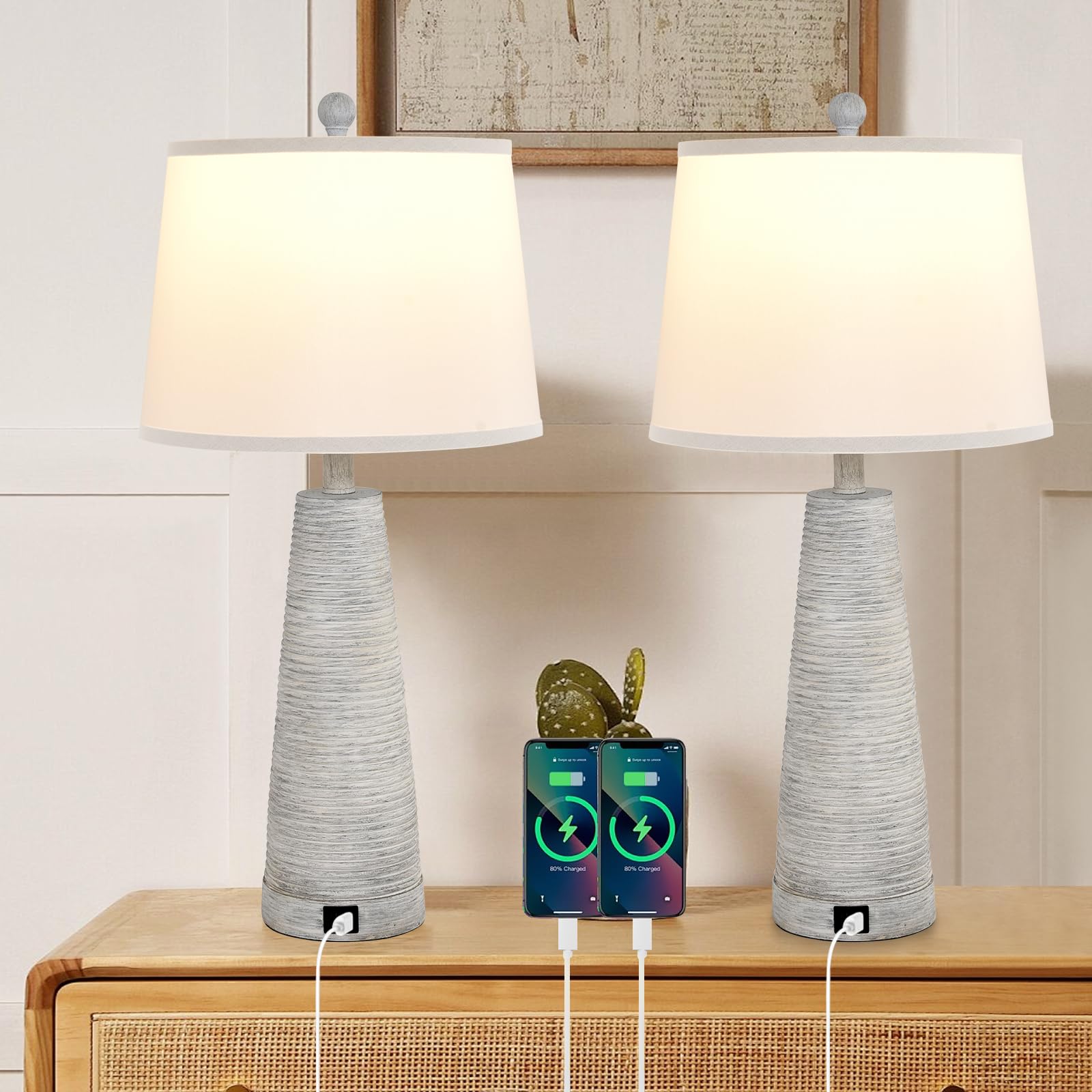 Photo 1 of Terpsichore Bedside Lamps Set of 2 Nightstand Lamp Desk Lamps Vintage Rustic Farmhouse Table Lamp 3 Way Dimmable Light,Suitable for Living Room Bedroom,with Linen Shade LED Bulb,USB A+C Port