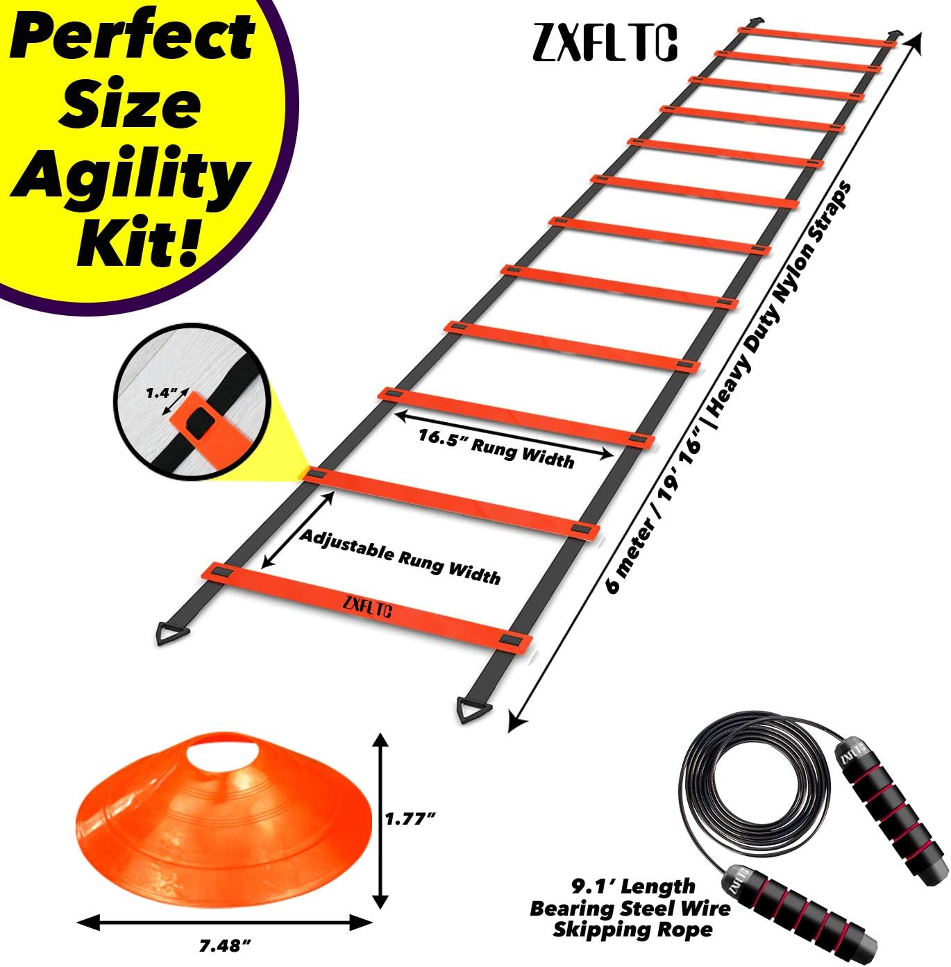 ZXFLTC Agility Ladder Speed Training Equipment-20 Feet Ladder, 8 Disc Cones, 5 Resistance Bands, Running Parachute, Skipping Rope-Boost Fitness, Improve Footwork in Soccer, Basketball, Football (Orange) : Sports & Outdoors