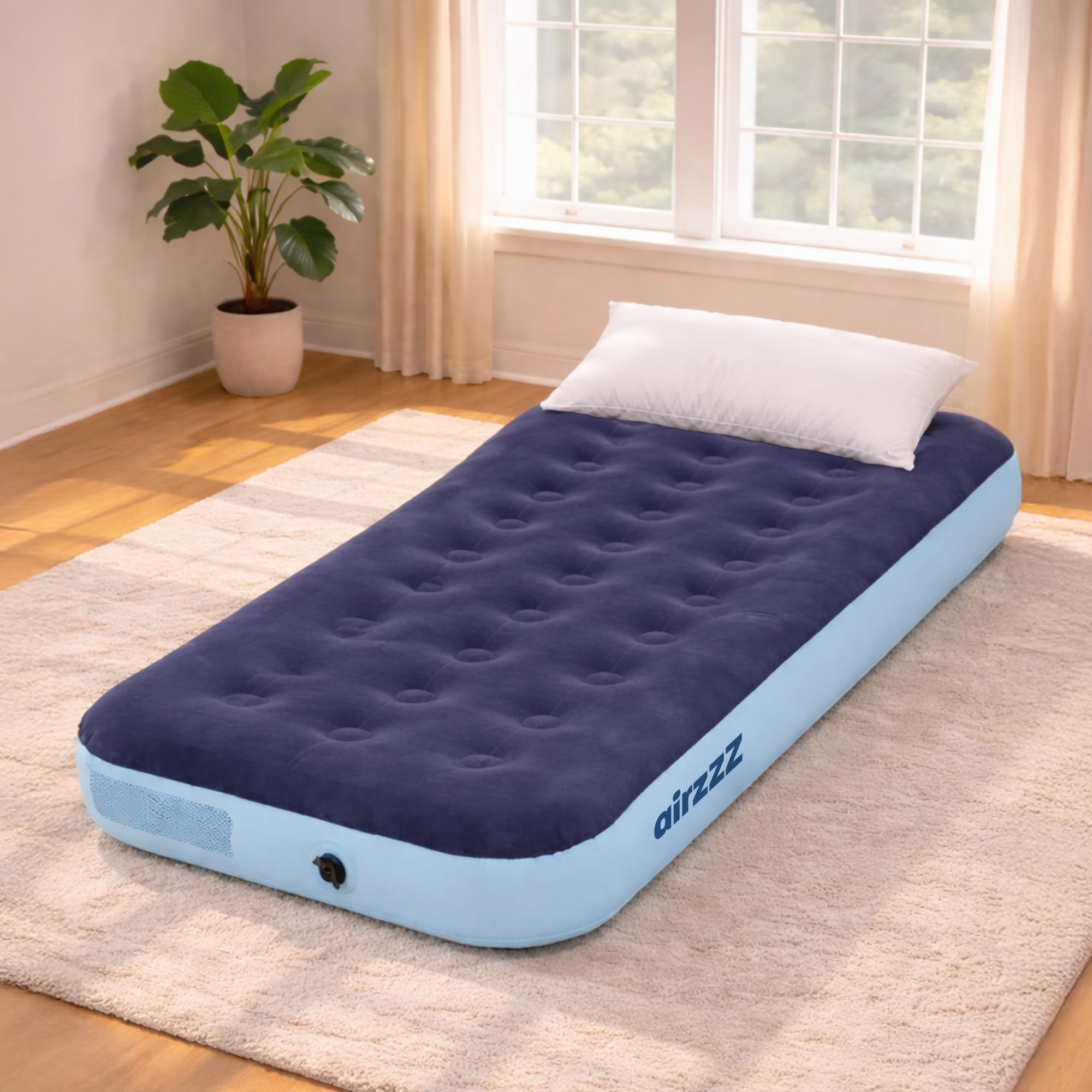 airzzZ Inflatable Flocked Air Bed - Single Airbed Quick Inflatable Mattress - Quick Inflation & Deflation Blow Up Mattress Lightweight Comfortable Camping Mattress Guest Bed - Single