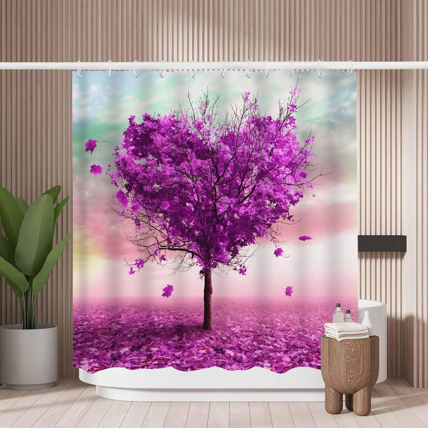 Woutay Shower Curtain Water Repellant Fabric Purple Heart Tree,Mould Proof Resistant,Polyester,with 12 Plastic Hooks