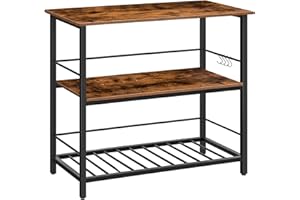 HOOBRO Kitchen Island with Wine Rack, Industrial Island Counter with Hooks and Protective Rails, 3 Tier Kitchen Shelf with La