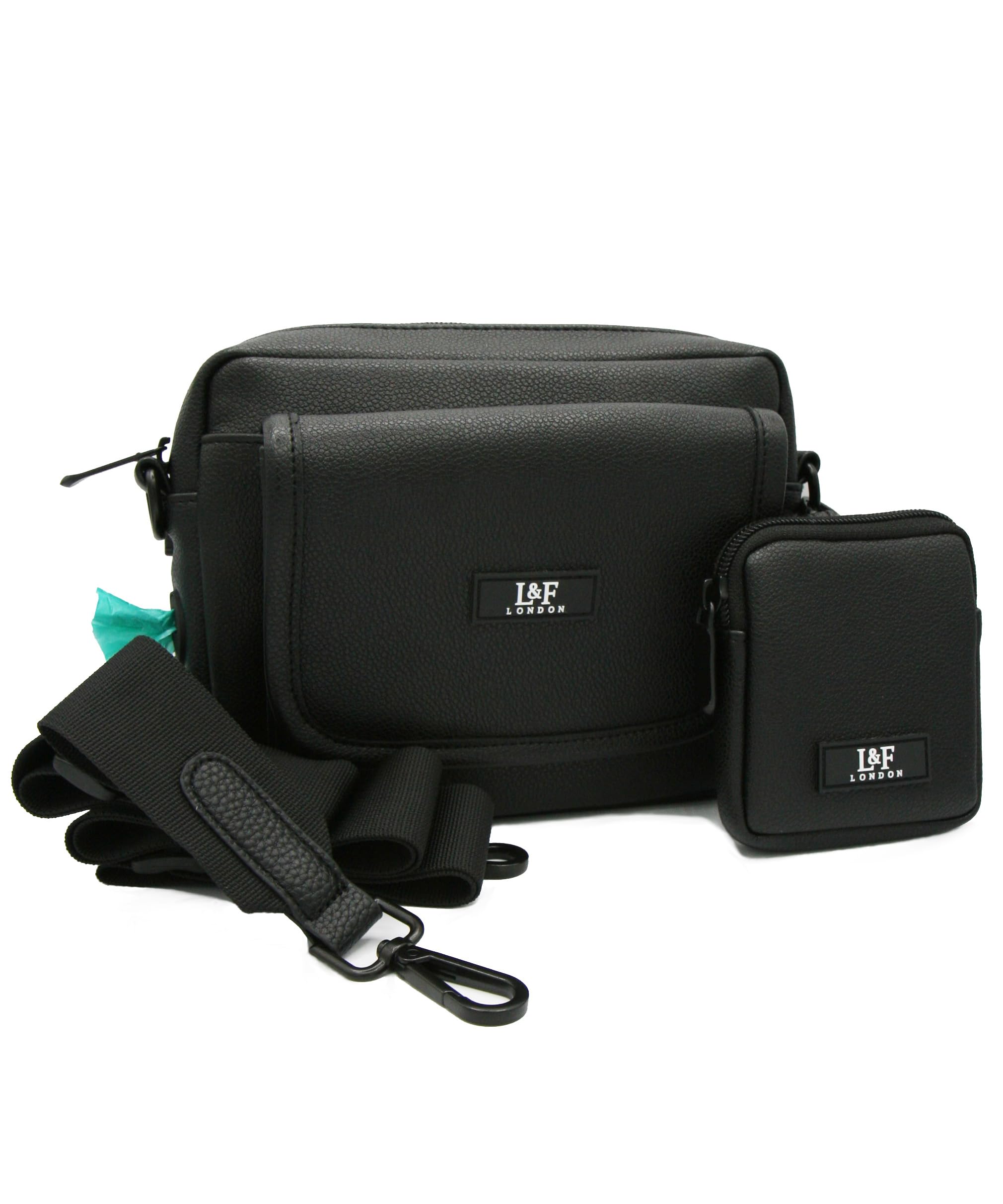 L&F London Dog Walking Kit - Black Faux Leather Bag with Poop Bag Dispenser | Detachable Mini Treat Pouch | Adjustable Strap