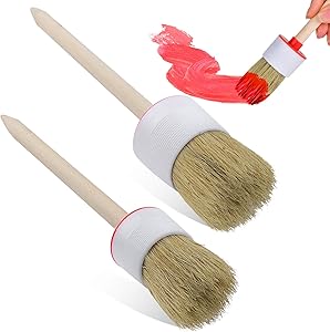 2 PCS Set Chalk Wax Paint Brush Natural Bristles Smooth Bristle Round Brushes Tool Wood Handle for Stencils DIY Painting Waxing Furniture Home Decor Indoor Outdoor Folk Art for Beginners Professionals