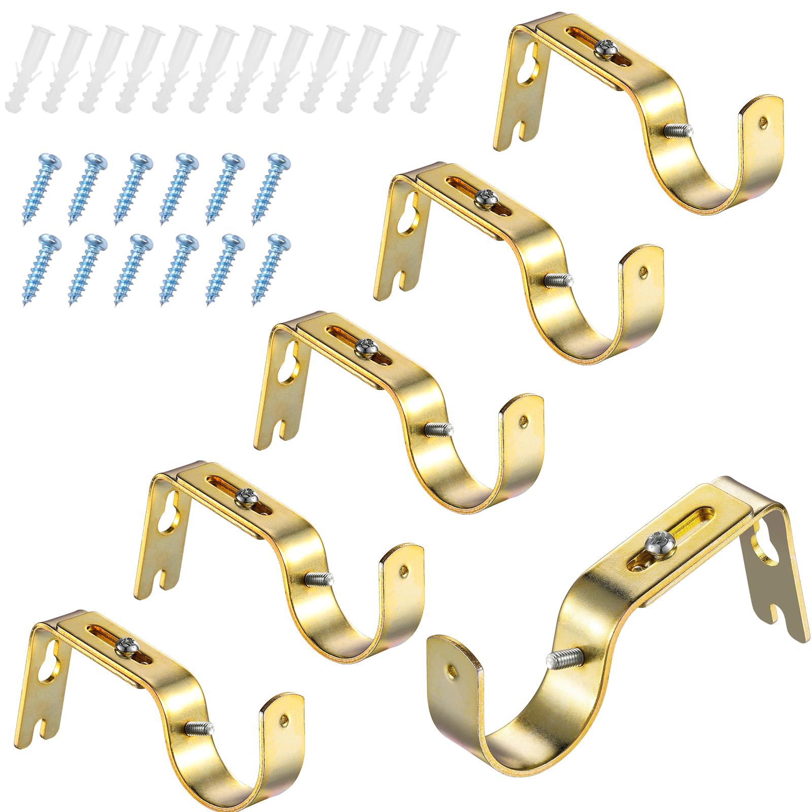Frienda 6 Pcs Curtain Rod Brackets Adjustable Holder Wall for 1 Inch Diameter Curtain Rod General Bracket Hooks with Screws (Gold)