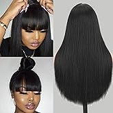 eddfine Straight Human Hair Wigs with Bangs 2x4 Lace Closure Wigs Human Hair 180% Density Drawstring Glueless Wigs Human Hair for Women Natural Black 10inch.