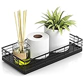 JNFUZ Toilet Paper Basket, 13 Inch Oak and Iron Tank Tray Top of Toilet Storage Toiletries Organizer for Bathroom, Living Room and Kitchen (Black)