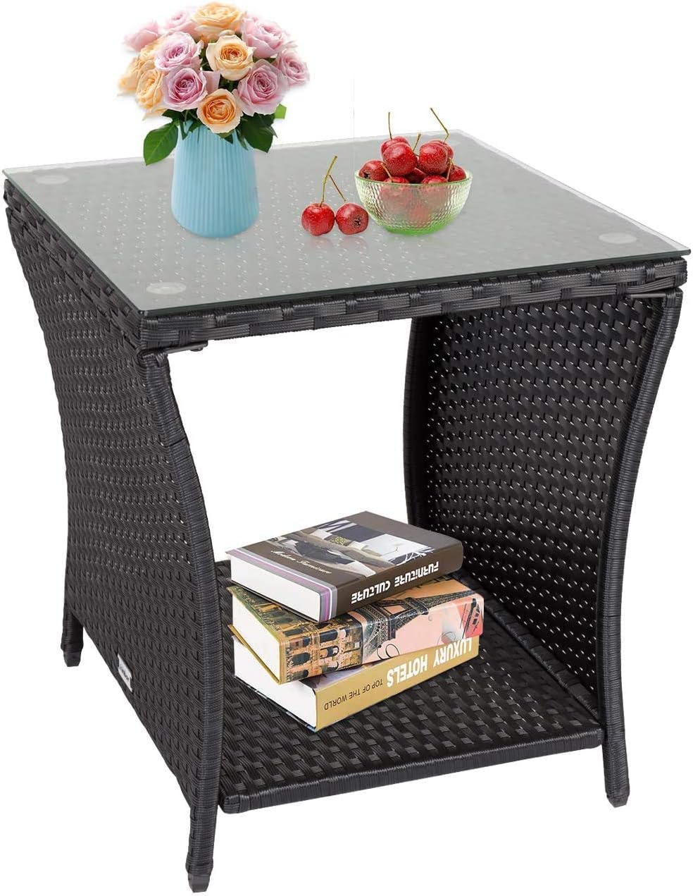 Amazon Com Kinsunny Square Patio Coffee Bistro Table Pe Rattan Wicker Side Table W Glass Top Indoor Outdoor Black Kitchen Dining