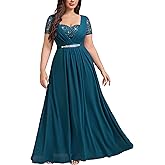 MISSMAY Women's Plus Size Sweetheart V Neck Sequins Lace Contrast Rhinestones Ribbon Waist Chiffon Prom Formal Dress