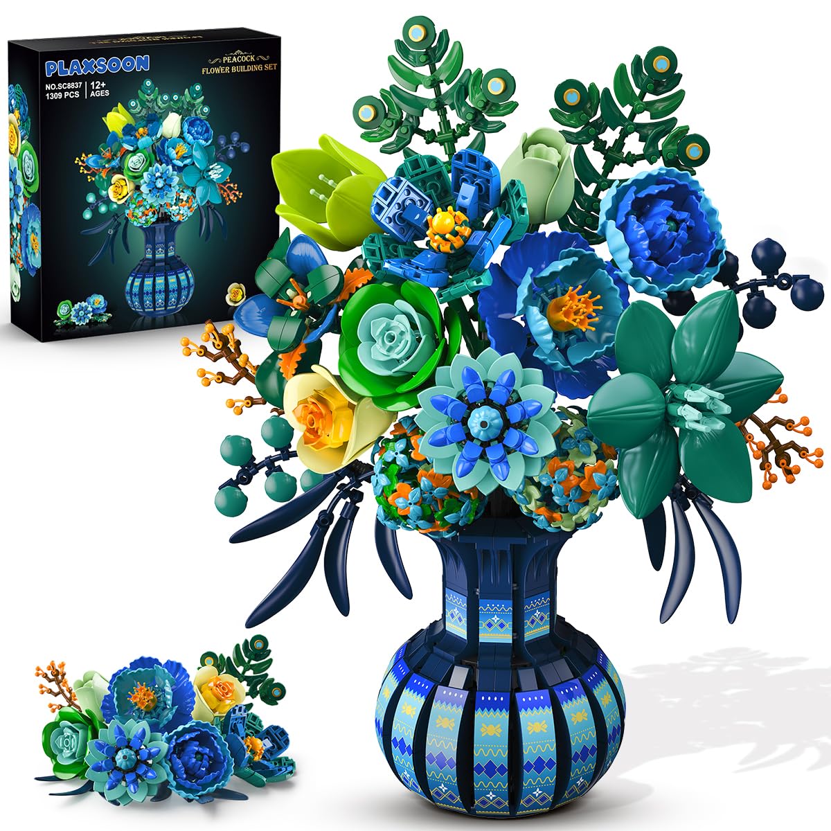 PLAXSOON Blumen Bauspielzeug mit Vase, Valentinstag Blumenstrauß Botanical Collection Bausteine Spielzeug, 1309 Stück Pfauen Kunstpflanze Bonsai-Bauset Deko, Geschenk für Sie Erwachsene Mädchen ab 12+