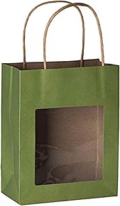 Hammont Green Kraft Paper Bag with Window (10 Pack) - Food Storing Pouches with Handles, Gift Bags with Transparent Window 7.75