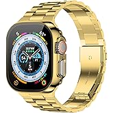 baozai Compatible with Apple Watch Band 49mm with Case, Stainless Steel Band with Tempered Glass Screen Protector Case for Apple Watch Ultra 3/Ultra 2/ Ultra, Gold