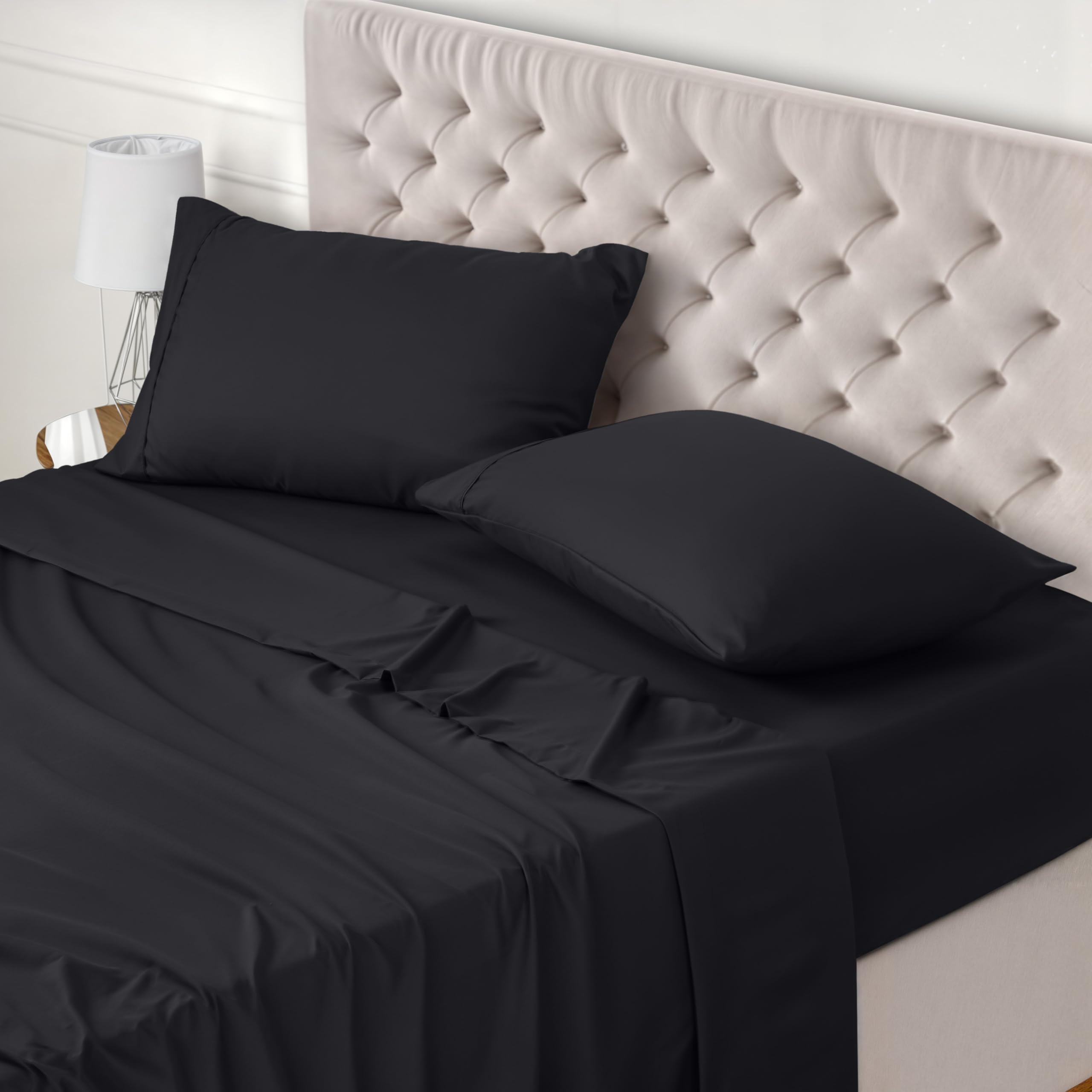 Utopia Bedding Bed Sheet Set King, Black, 4 Piece – Fitted Sheet, Flat Sheet with 2 Pillow Cases 50x75 – Wrinkle, Shrinkage & Fade Resistant – Oeko-Tex Certified, Polyester Microfiber Fabric