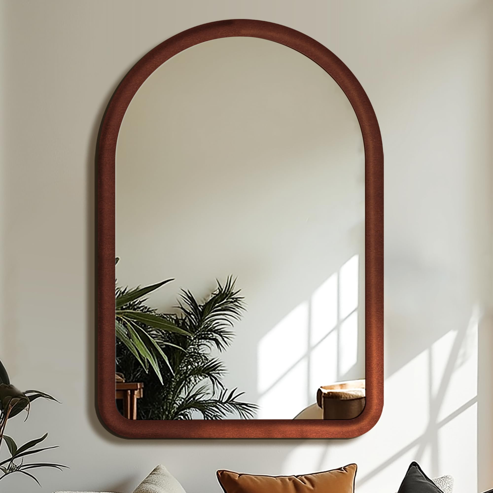 Photo 1 of 36"x24" Arched Bathroom Mirror, Wall Mounted Vanity Plush Flannel Frame Mirror for Bedroom, Entryway, Living Room, Dark Brown