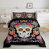 Sugar Skull Comforter Set Full Size,Colorful Vintage Floral Bedding Set Hippie Mexico Style Quilt Set for Kids Girls Boys Teens Room Decor,Gothic Skeleton Pattern Duvet Insert,2 Pillowcases