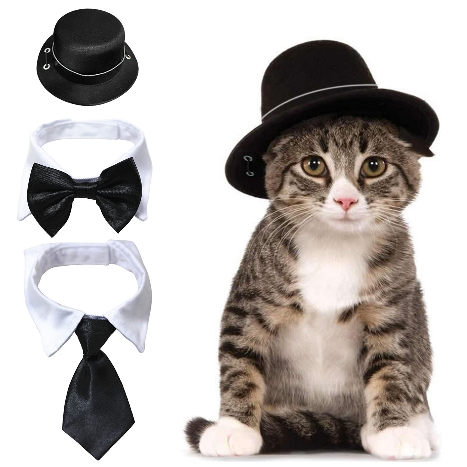 HACRAHO Dog Top Hat and Bow Tie, 3 Pieces Pet Top Hat and Pet Bowtie Pet Neck Bows Adjustable Formal Collar Neck Tie for Small Dogs