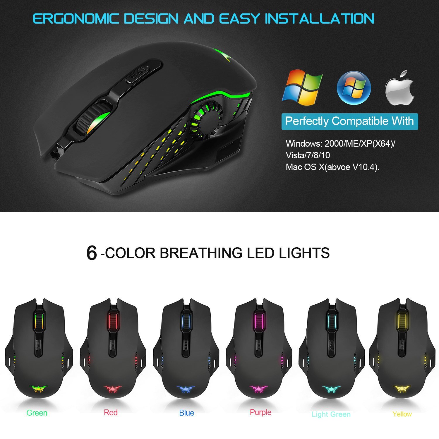 Wireless Mouse Mactrem W200 Rechargeable Battery 4 DPI levels gaming mouse for Mac ,Windows2000/XP/ME/VISTA/WIN7/WIN8/Sensitivity 7 Buttons Lighting in 6 Colours for PC and WIN10 (Black)