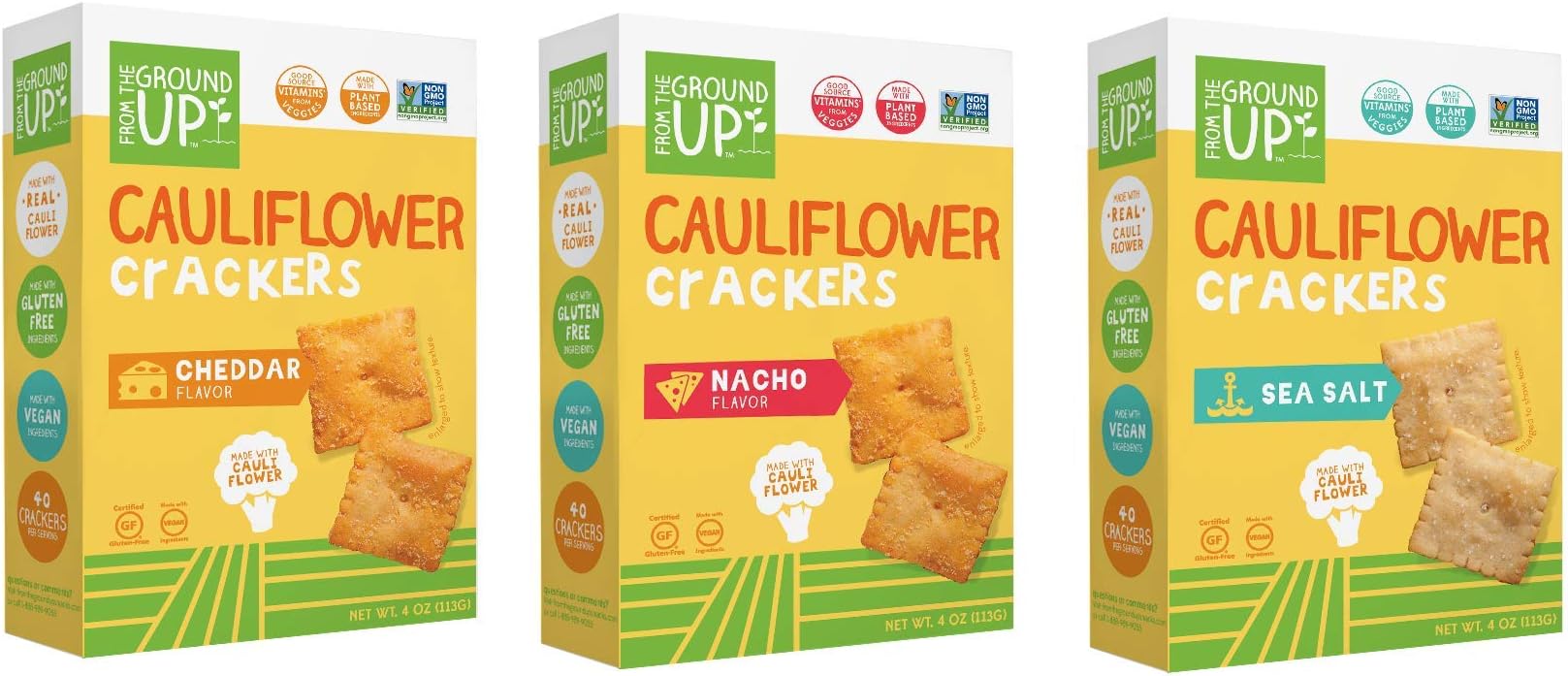 From the Ground Up Cauliflower Crackers, 3 Flavor Variety Pack, 4 oz Pack (Pack of 6)