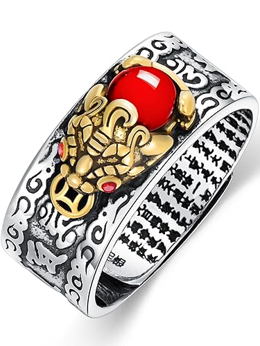 Feng Shui Ring 925 Stering Silver Garnet Pixiu Mantra Anillo