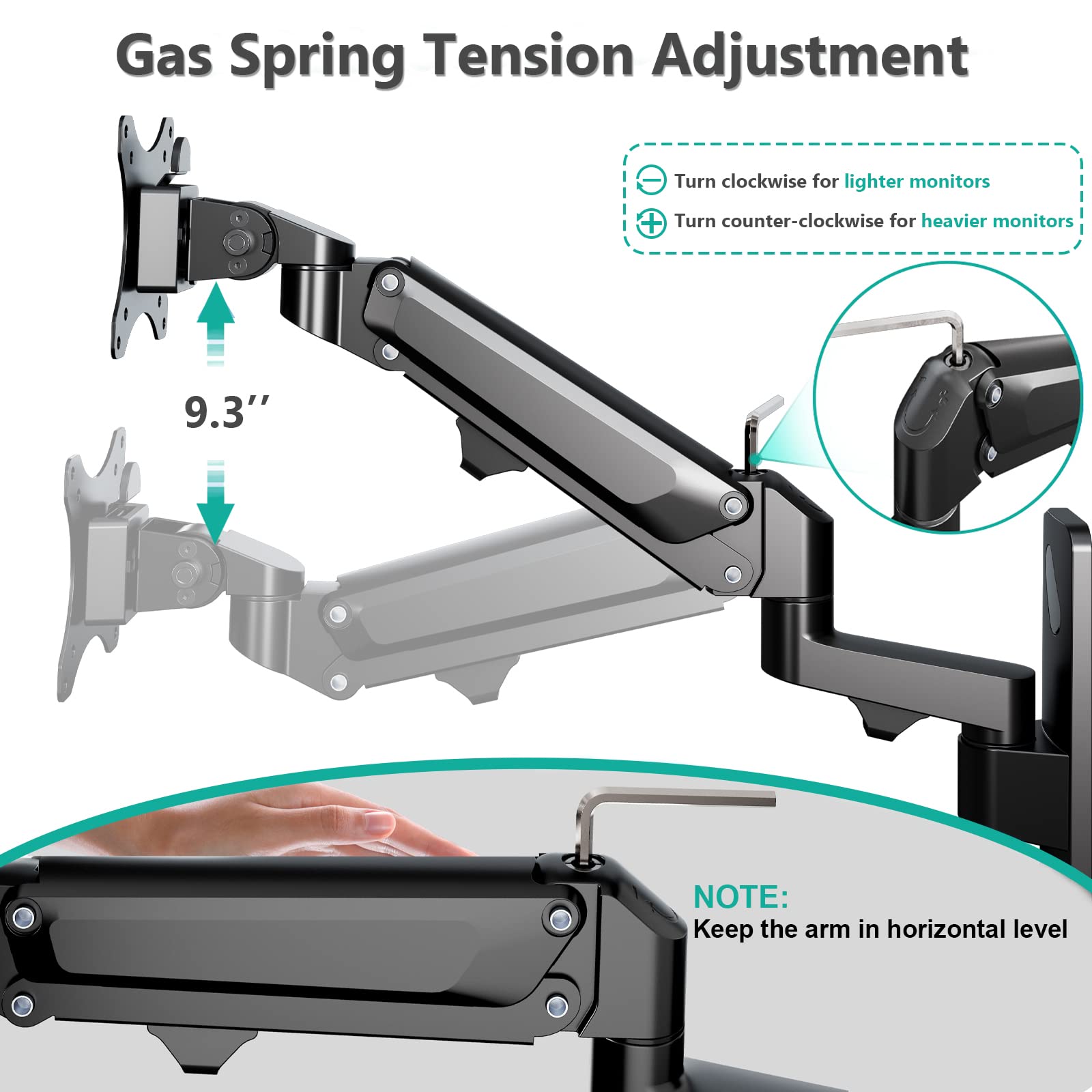 WALI Single Monitor Wall Mount, Computer Wall Mount Monitor Arm Holds up to 19.8lbs, Heavy Duty Gas Spring Single Arm Screen up to 35 Inch, Fully Adjustable Computer Stand (GSWM001XL), Black
