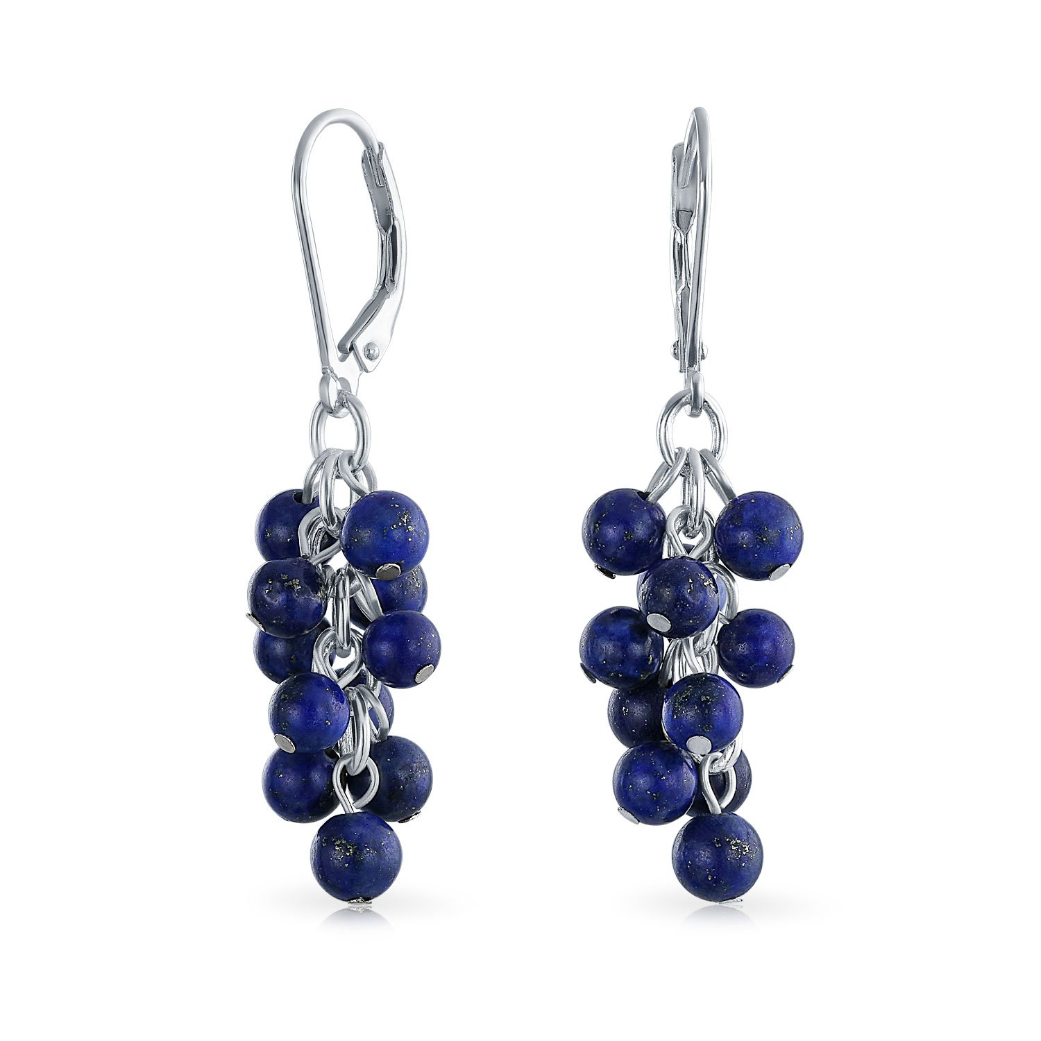 Gemstone Blue Lapis Lazuli Grape Cluster Beaded Dangle Lever back Earrings For Women .925 Sterling Silver