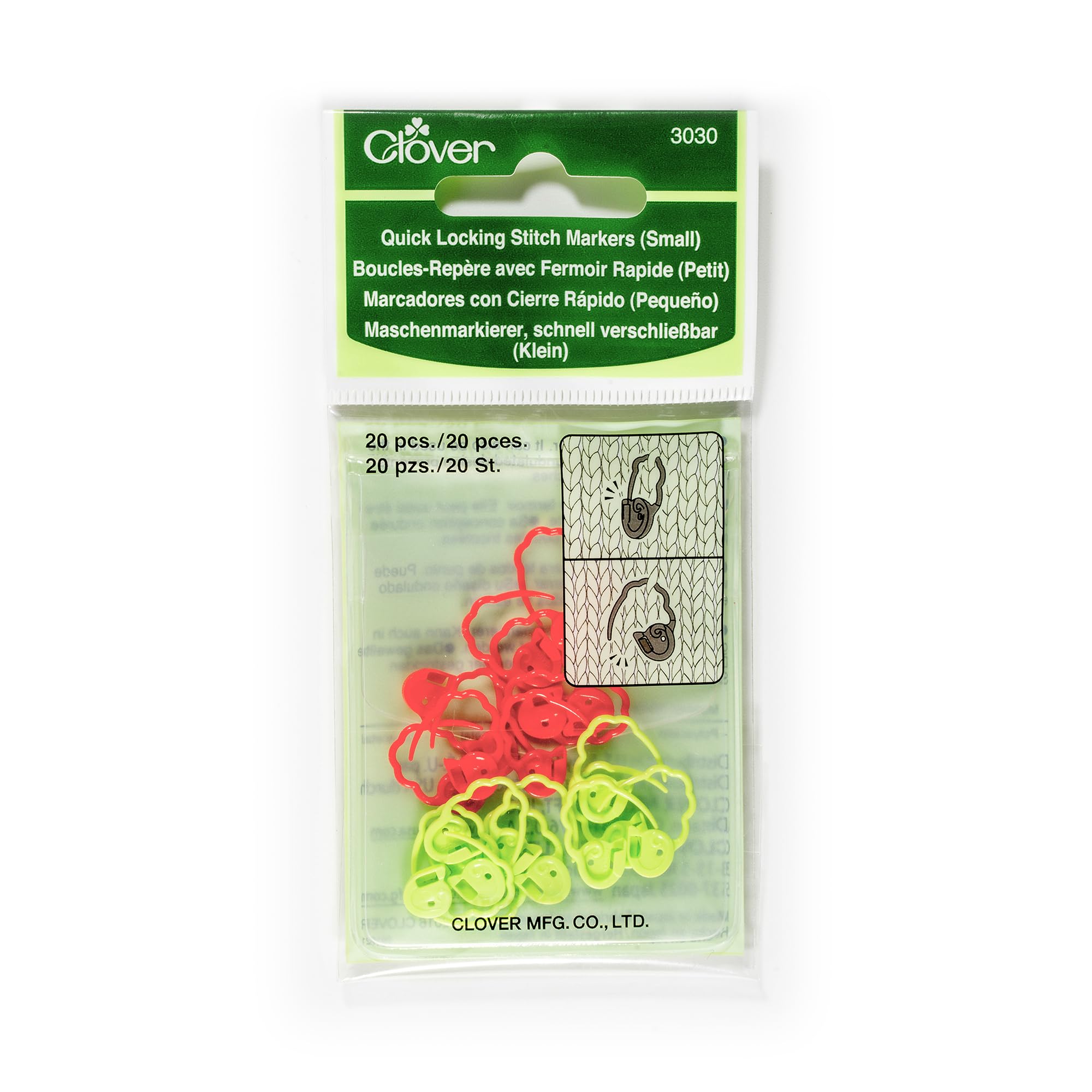Clover Quick Locking Stitch Markers (Small), Red/Green, 13 x 6.5 x 0.5 cm