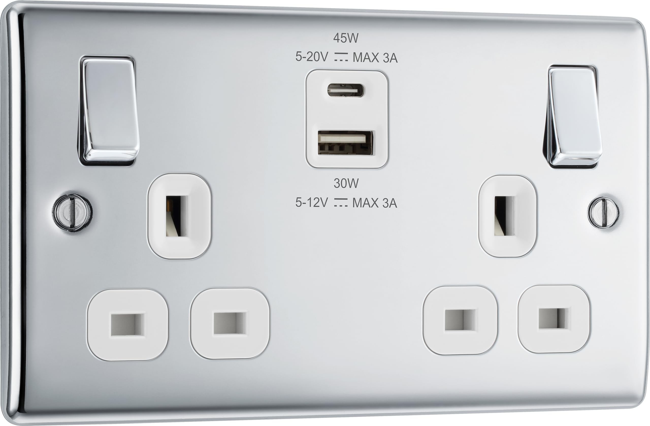 BG Electrical 45W Double Switched Power Wall Plug Socket with Super Fast Charge Type A and Type C USB Ports, Nexus Metal, Polished Chrome, 13A, NPC22UAC45W