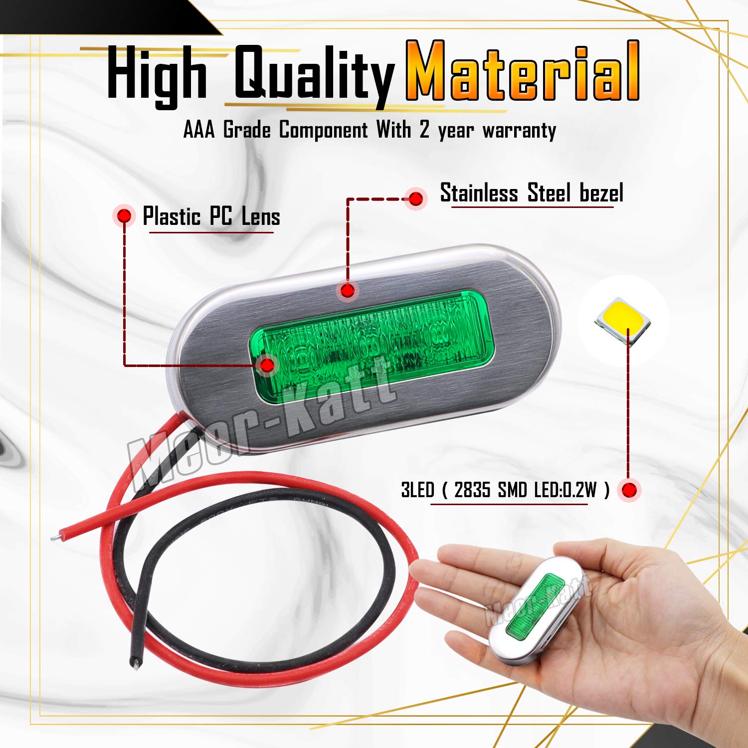 Meerkatt (Pack of 10) 3 Inch Oblong Amber LED Marine Courtesy Light Sealed Flush Mount Clearance Lamp for Yacht Stair Deck Garden Boat RV Cabin Truck Waterproof 12V DC with Chrome Stainless Bezel UV12