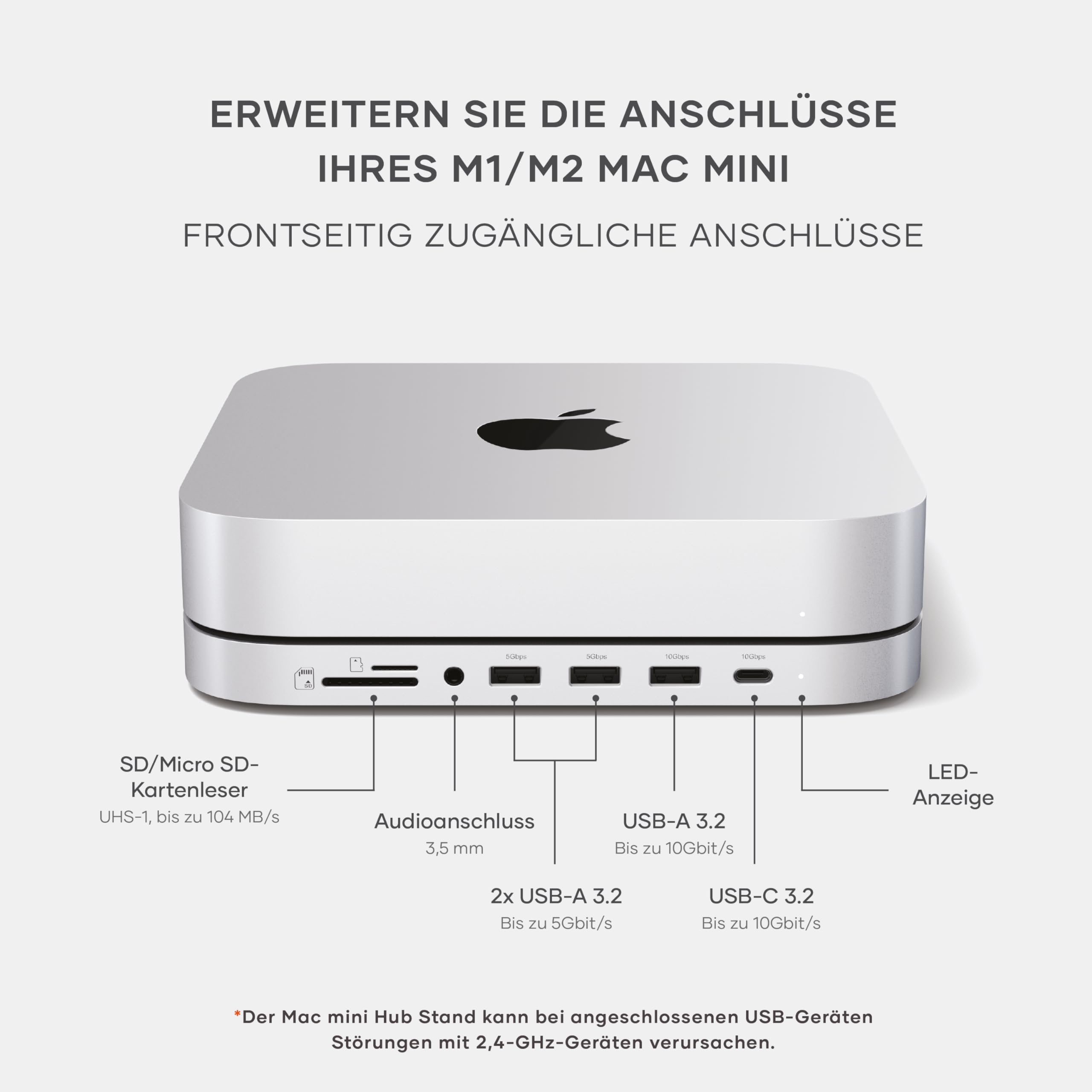 SATECHI Mac mini Hub & Ständer mit SSD-Gehäuse, NVMe/SATA M.2, USB-C 10 Gbit/s, 3X USB-A, Audio, komp. mit Mac mini (2023 M2/M1, 𝗻𝗶𝗰𝗵𝘁 𝗸𝗼𝗺𝗽. 𝗺𝗶𝘁 𝗠𝟰 𝗠𝗜𝗡𝗜) & Mac Studio (2025 M4/etc.) 3