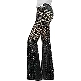 Nawgut Sequin Flare Pants Sparkly Glitter Bell Bottom High Waisted Hollow Trousers Party Clubwear for Women