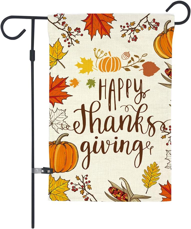 Flags - GOAUS Happy Thanksgiving Garden Flag,Fall Maple Leaf Leaves Pumpkin Farm Harvest,Double Sided Burlap Decorative House Flags for Home Lawn Yard Indoor Outdoor Decor,12 x 18 Inch