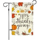 GOAUS Happy Thanksgiving Garden Flag,Fall Maple Leaf Leaves Pumpkin Farm Harvest,Double Sided Burlap Decorative House Flags for Home Lawn Yard Indoor Outdoor Decor,12 x 18 Inch