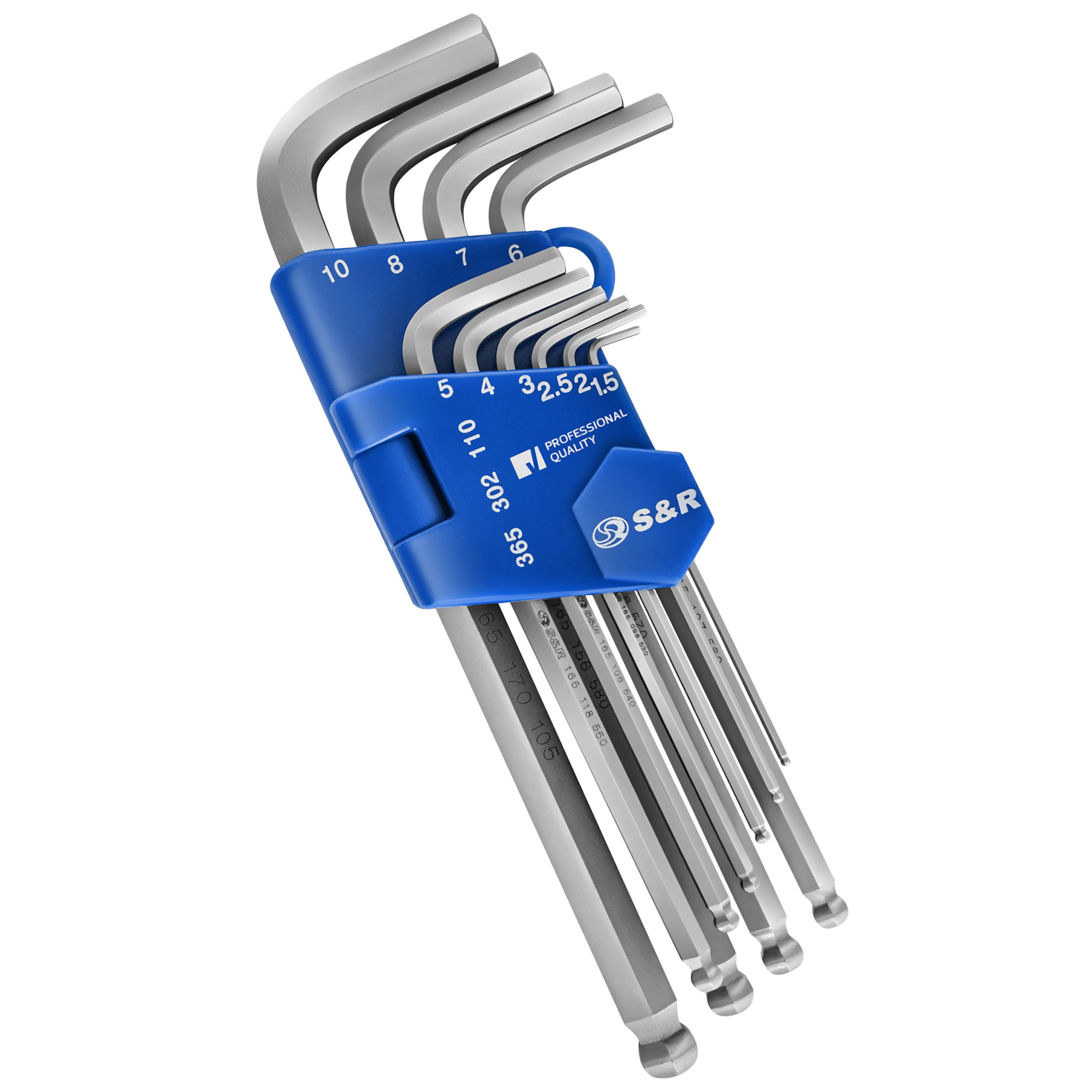S&R Allen Keys Metric, Long, Folding Set, Ball Head, 10 pcs, HX 1,5/2,0/2,5/3,0/4,0/5,0/6,0/7,0/8,0/10,0 mm