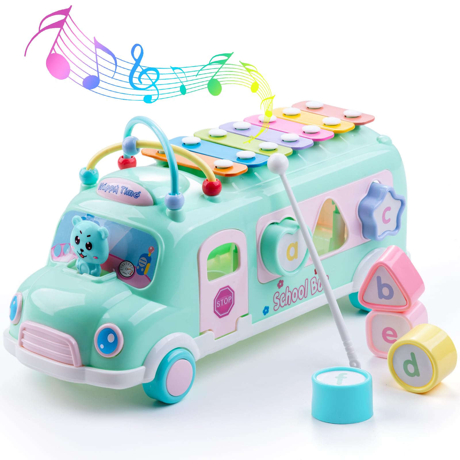 Photo 1 of Baby School Bus Xylophone Toy for Toddlers 1-3, 5-in-1 Montessori Musical Bus Toys Gifts for 1 Year Old Baby Girl, Shape Sort Toys Knocking Xylophone Educational Instruments Birthday Gift Boy Girl