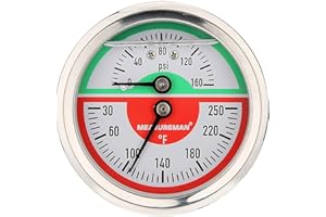 MEASUREMAN Tridicator, Thermo-Manometer, 2-1/2", Silicone Oil Filled, 0-160psi/30-250 deg F, Stainless Steel Case, 1/4" NPT Back Mount
