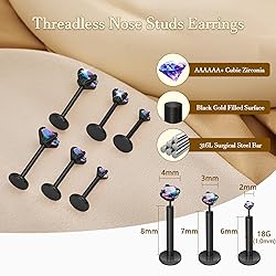 3 Pairs 6 Pcs Black 18G Threadless Nose Piercings