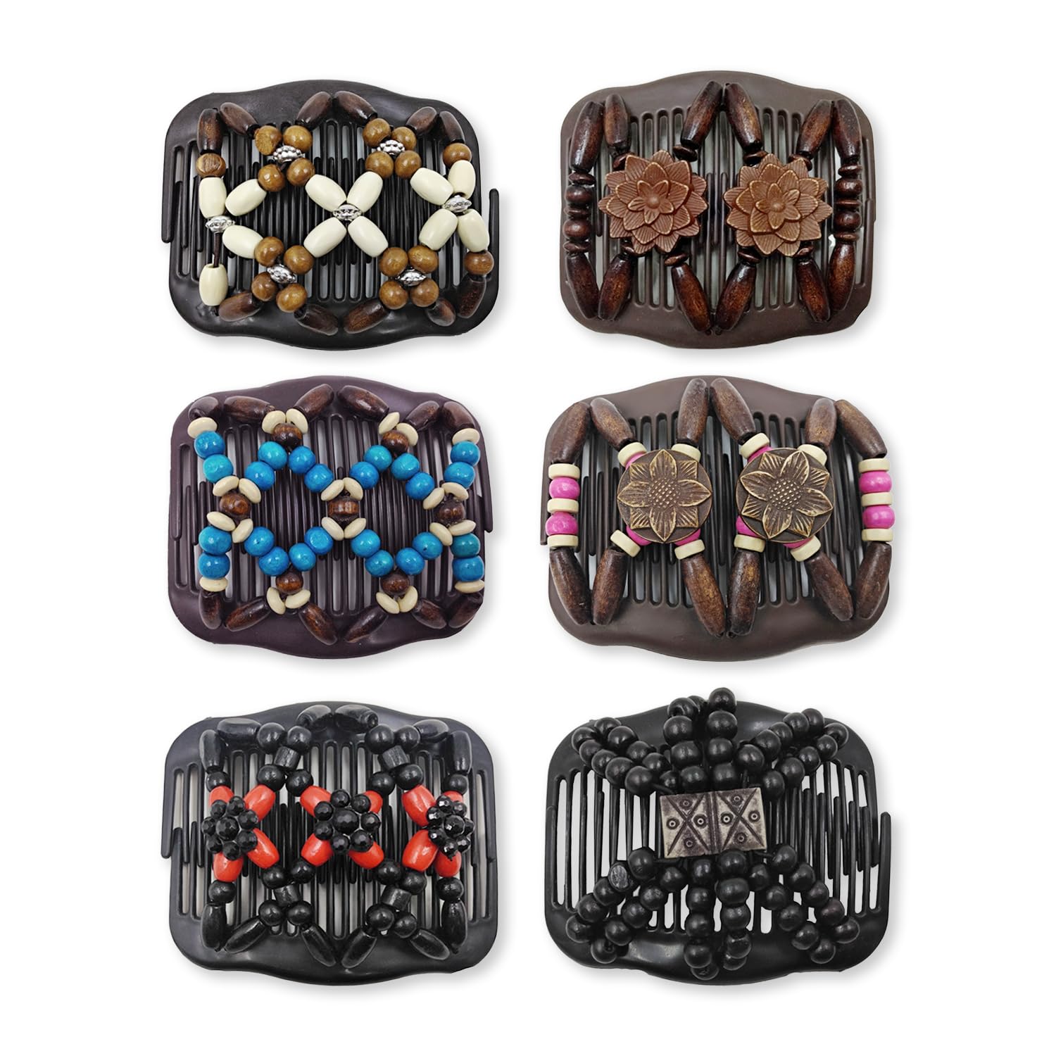 6 Pieces Double Row Hair Comb Set - Elastic Hair Clip, Wooden Bead Side Comb, Curved Hair Comb for Women