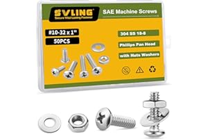 SVLING #10-32 x 1 Pan Head Machine Screws Nut Bolt Washer Assortment Kit,(50 Sets) 304 Stainless Steel 18-8 Phillips Drive Full Thread Assorted