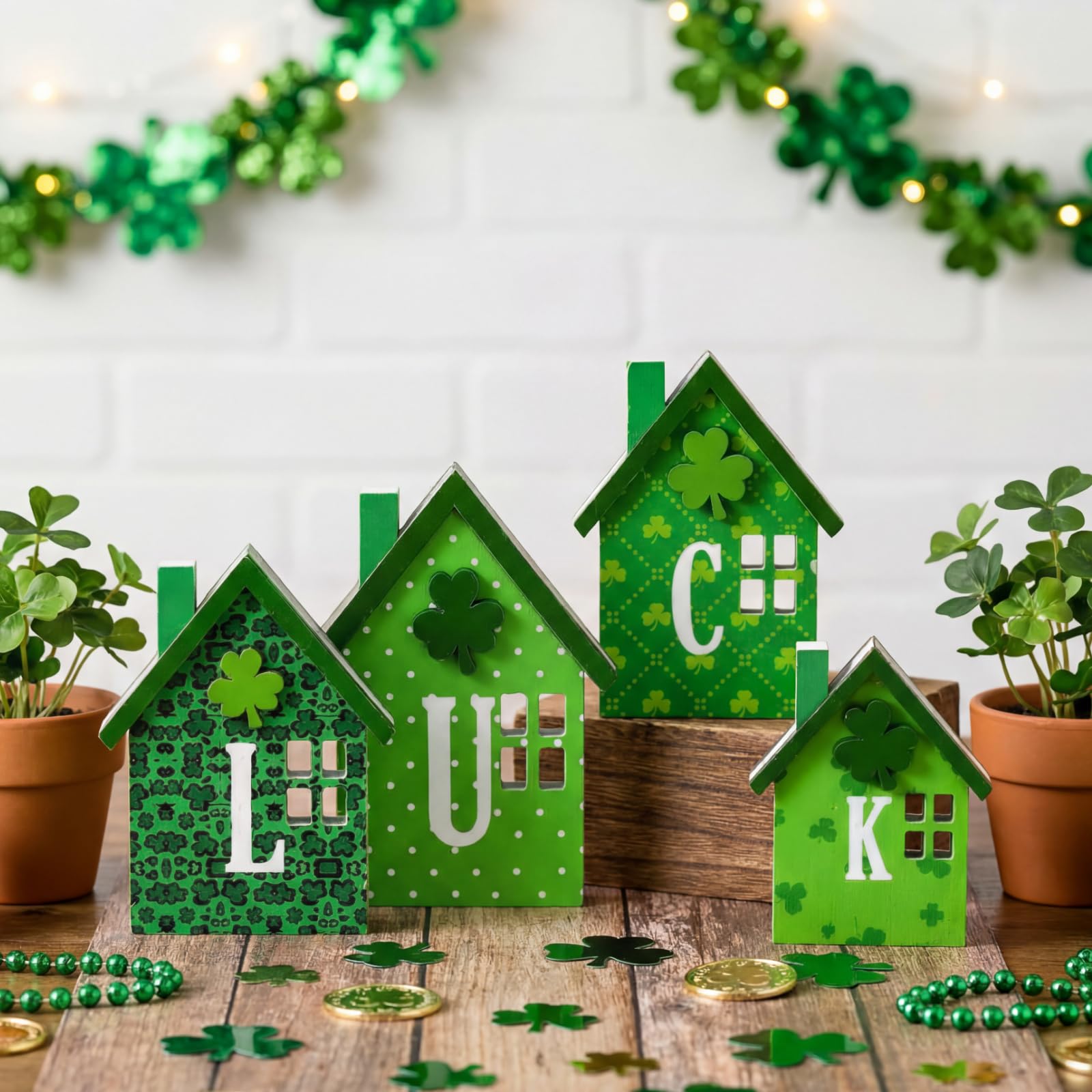 Photo 1 of ***MISSING ONE*** Yousoontic 4 Pcs St. Patrick's Day Table Decorations Green Shamrock Wooden Centerpieces St Patricks Day Double-sided Luck Sign Reversible House Tiered Tray Decor Green Shamrocks Decor for Party Indoor