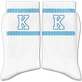 RZQIJ Light Blue and White Striped Crew Socks with the Letter, Classic Varsity Sports Style Monogram Socks
