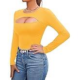 Afibi Women's Cutout Tops Basic Long Sleeve Round Neck Slim Fit T-Shirts