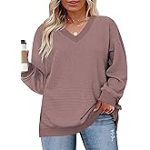 DOLNINE Plus-Size-Tops for Women Casual V Neck Pullover Cute Waffle Knit Lantern Sleeve Sweaters Fashion Side Split Tunics