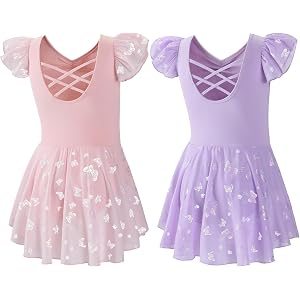 DIPUG Ballet Leotards for Girls Shiny Toddler Dance Leotard Butterfly | Sequin, v neck, ruffle sleeve, double cross back, dan