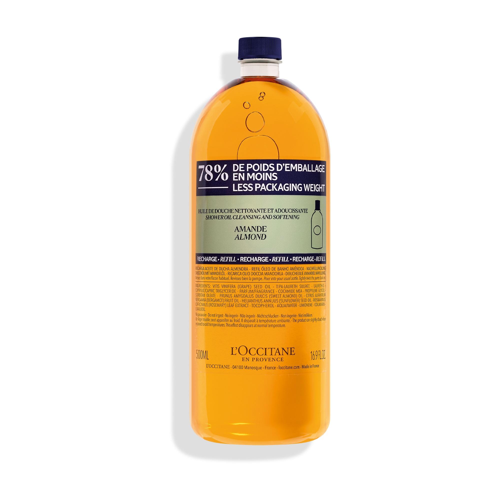 L'OCCITANE Almond Shower Oil Refill 500ml | Vegan & 99% Readily Biodegradable | Premium & Clean Beauty Sustainable Body Wash Refill for All Skin Types