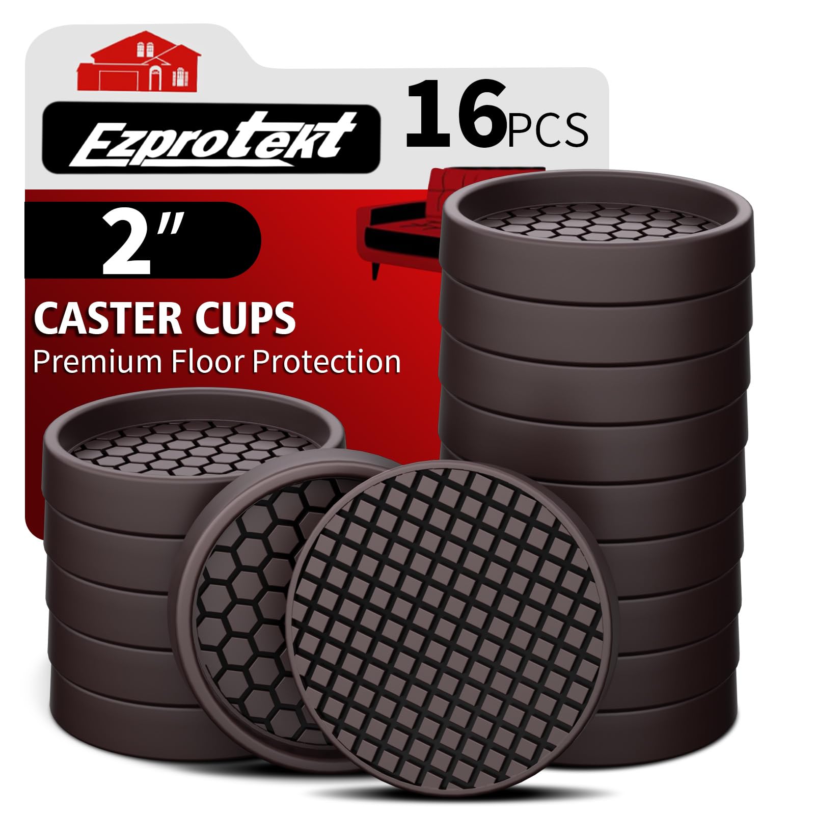 Furniture Coasters Φ 51mm - 2” Non Slip Pads for Hardwood Floors, 16 PCS Round Rubber Non Skid Caster Cups, Anti Slide Furniture Feet Floor Protectors for Bed Couch Stoppers Brown