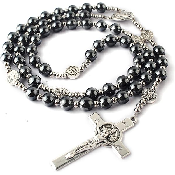 thumbnail image 2 of Stainless Steel Black Plated Rosary Necklace With Cross - 4mm Beads, Unisex Style 2 of 12